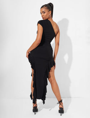 Kaiia Asymmetric Ruched Maxi Dress in Black