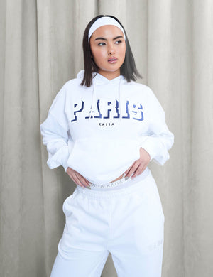 Kaiia Paris Shadow Logo Oversized Drawstring Hoodie White