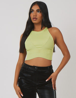 Knitted High Neck Racer Crop Top Lime