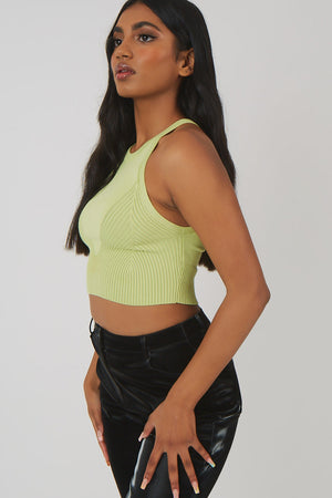 Knitted High Neck Racer Crop Top Lime