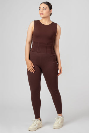 Thick Waistband Ribbed Leggings In Chocolate