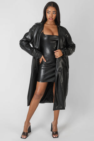 Longline Pu Belted Trench Coat Black