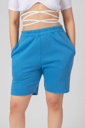 Long Line Raw Hem Shorts Blue