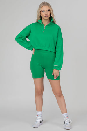 Oversized Half Zip Pullover Gathered Hem Sweat Green