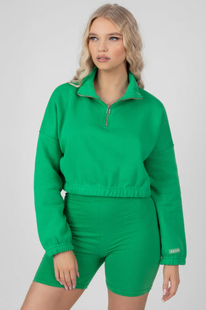 Oversized Half Zip Pullover Gathered Hem Sweat Green