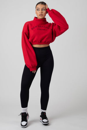 Oversized High Neck Embroidered Slogan Cropped Sweatshirt Red