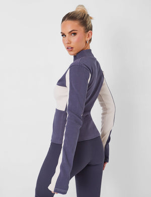 Kaiia Motocross Zip Through Ribbed Long Sleeve Top Dark Grey