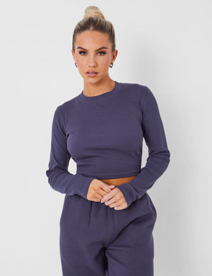 Long Sleeve Ribbed Top Dark Grey