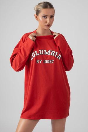 Columbia Slogan Long Sleeved T-Shirt Dress Red