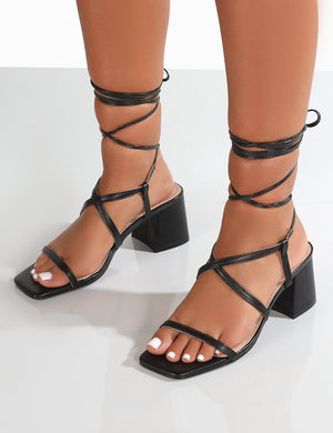 Mabel Wide Fit Black PU Ankle Tie Block Heeled Sandals
