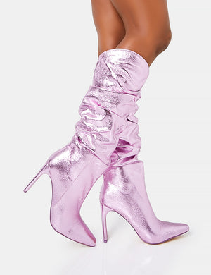 Manhattan Metallic Pink Pointed Toe Knee High Narrow Block Heel Boots