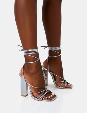 Nyla Wide Fit Silver Mirror Strappy Lace Up Square Toe Block Heels