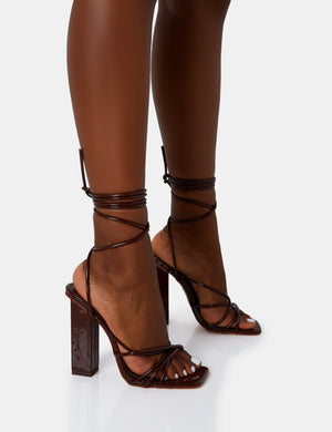 Nyla Chocolate Patent Strappy Lace Up Square Toe Block Heels