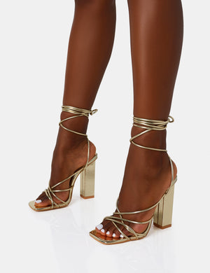 Nyla Gold Mirror Strappy Lace Up Square Toe Block Heels