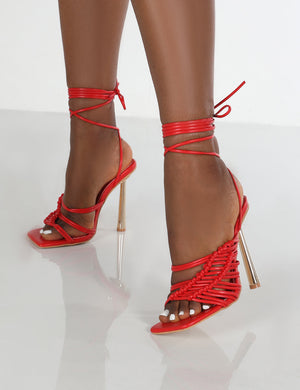 Niki Red PU Square Toe Lace up Heels