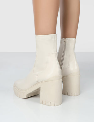 Obstacle Ecru Chunky Heeled Ankle Boots