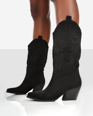 Arizona Black Faux Suede Western Embroidered Pointed Toe Knee High Cowboy Boots