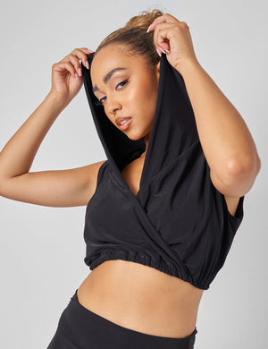 Sleeveless Wrap Front Top With Hood Black