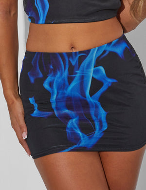 Blue Flame Print Mini Skirt Co Ord Black