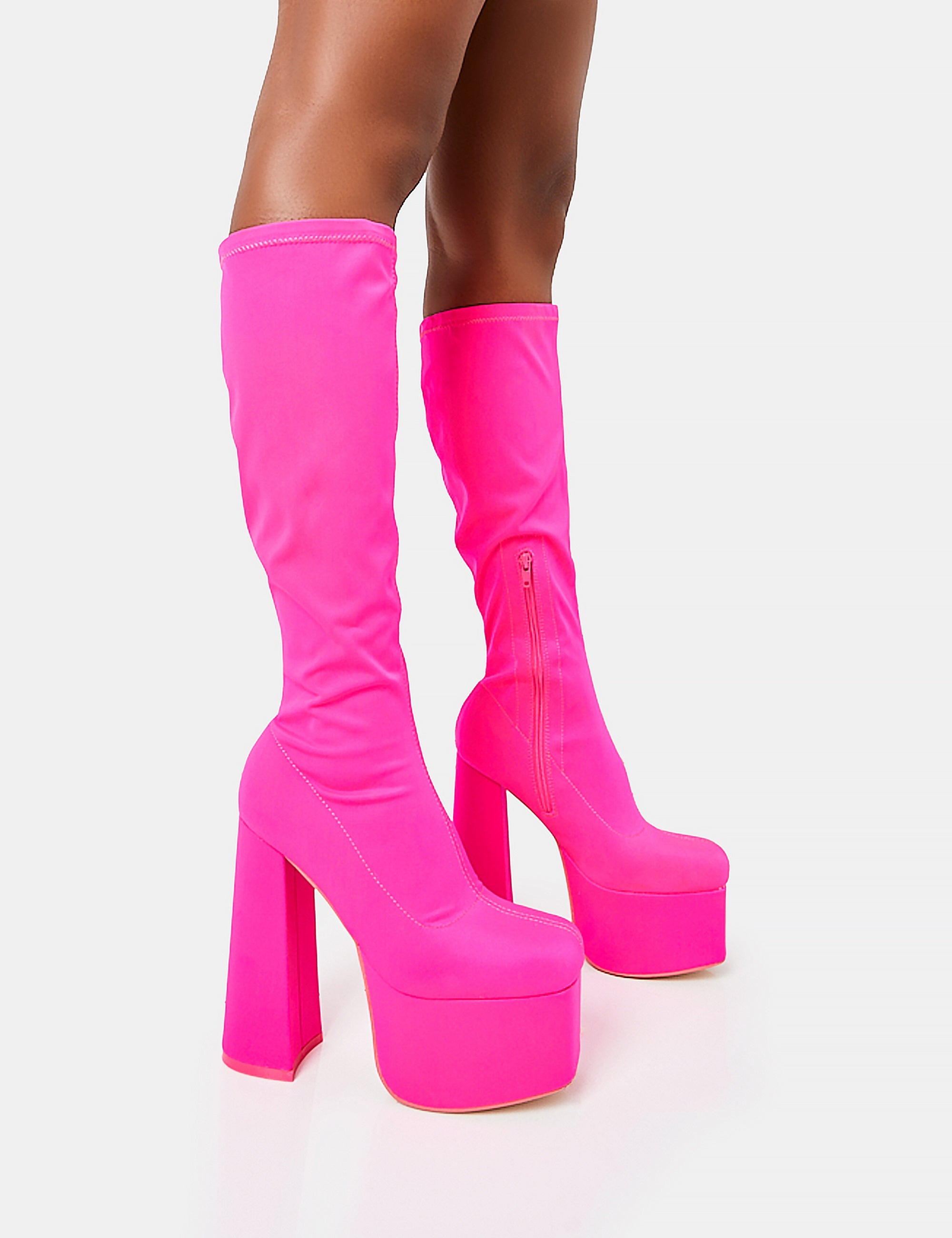 Pink fashion knee high heel boots