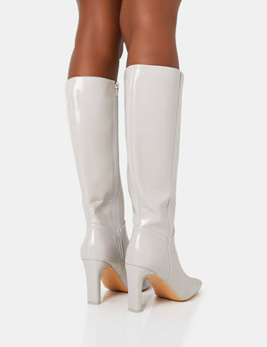 Pose Grey Textured Patent Pu Zip Up Knee High Slim Block Heeled Boots