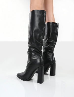 Posie Black PU Knee High Block Heel Boots