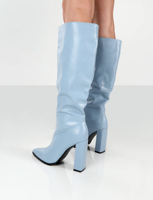 Posie Blue PU Knee High Block Heel Boots