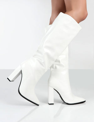 Posie White PU Knee High Block Heel Boots