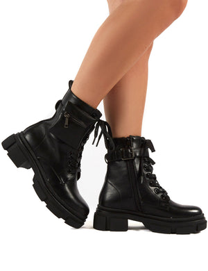 Ramona Black Chunky Lace Up Pouch Detail Ankle Biker Boots