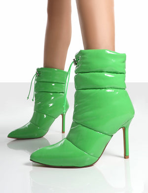 Reset Green Patent Puffer Drawstring Heeled Boots