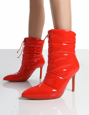 Reset Red Patent Puffer Drawstring Heeled Boots