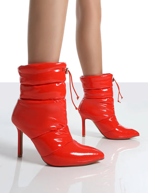 Reset Red Patent Puffer Drawstring Heeled Boots