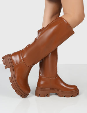 Sabrina Tan Knee High Chunky Sole Boots