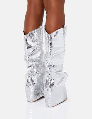 Sheriff Silver Metallic Snake Pu Western Inspired Fold Over Pointed Toe Block Cowboy Knee High Boots