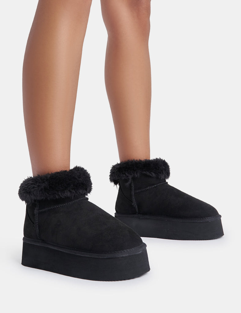 Snowdrop Black Fur Faux Suede Ultra Mini Ankle Platform Boots