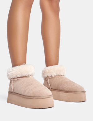 Snowdrop Light Beige Fur Faux Suede Ultra Mini Ankle Platform Boots