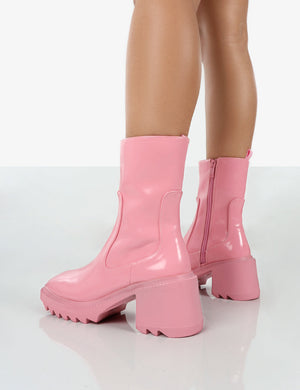 Sway Pink PU Heeled Wellies Ankle Boots