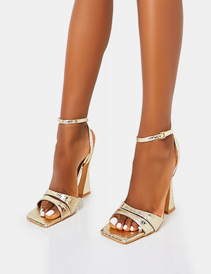 Saintly Gold Croc Wrap Around the Ankle Barley There Square Toe Flared Block High Heels