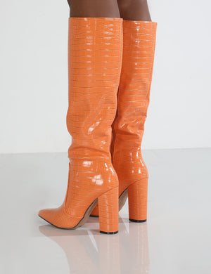 Scarlet Orange Croc Knee High Boots
