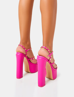 Stefania Hot Pink Studded Cage Platform Round Toe Block Heels