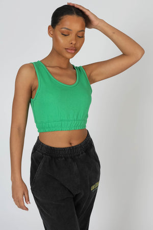 Elasticated Waist Sweat Scoop Neck Crop Top Green