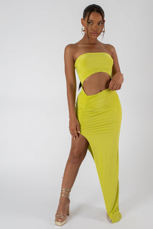 SPLIT SIDE BANDEAU SLINKY MAXI DRESS LIME