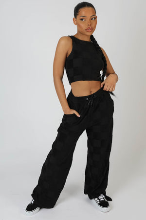 Checkerboard Towelling Racer Crop Top Black