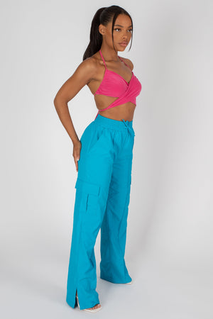 SPLIT HEM WIDE LEG CARGO POCKET TROUSER BLUE