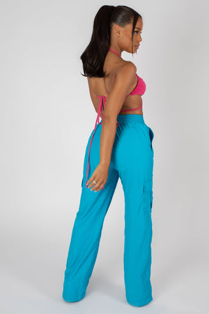 SPLIT HEM WIDE LEG CARGO POCKET TROUSER BLUE