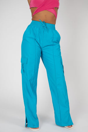 SPLIT HEM WIDE LEG CARGO POCKET TROUSER BLUE