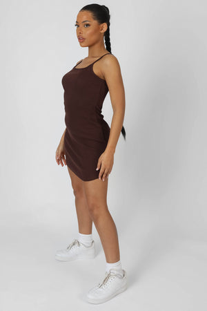 Strappy Mini Curved Hem Dress Coffee