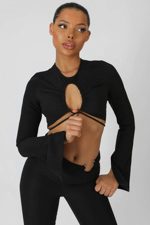 Loop Ruching Long Sleeve Top With Splits Black