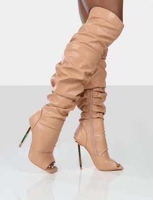 Surrender Nude Ruched Knee High Stilleto Open Toe Boots