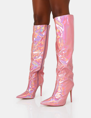 Tai Wide Fit Pink Metallic Pointed Toe Stiletto Knee High Boots
